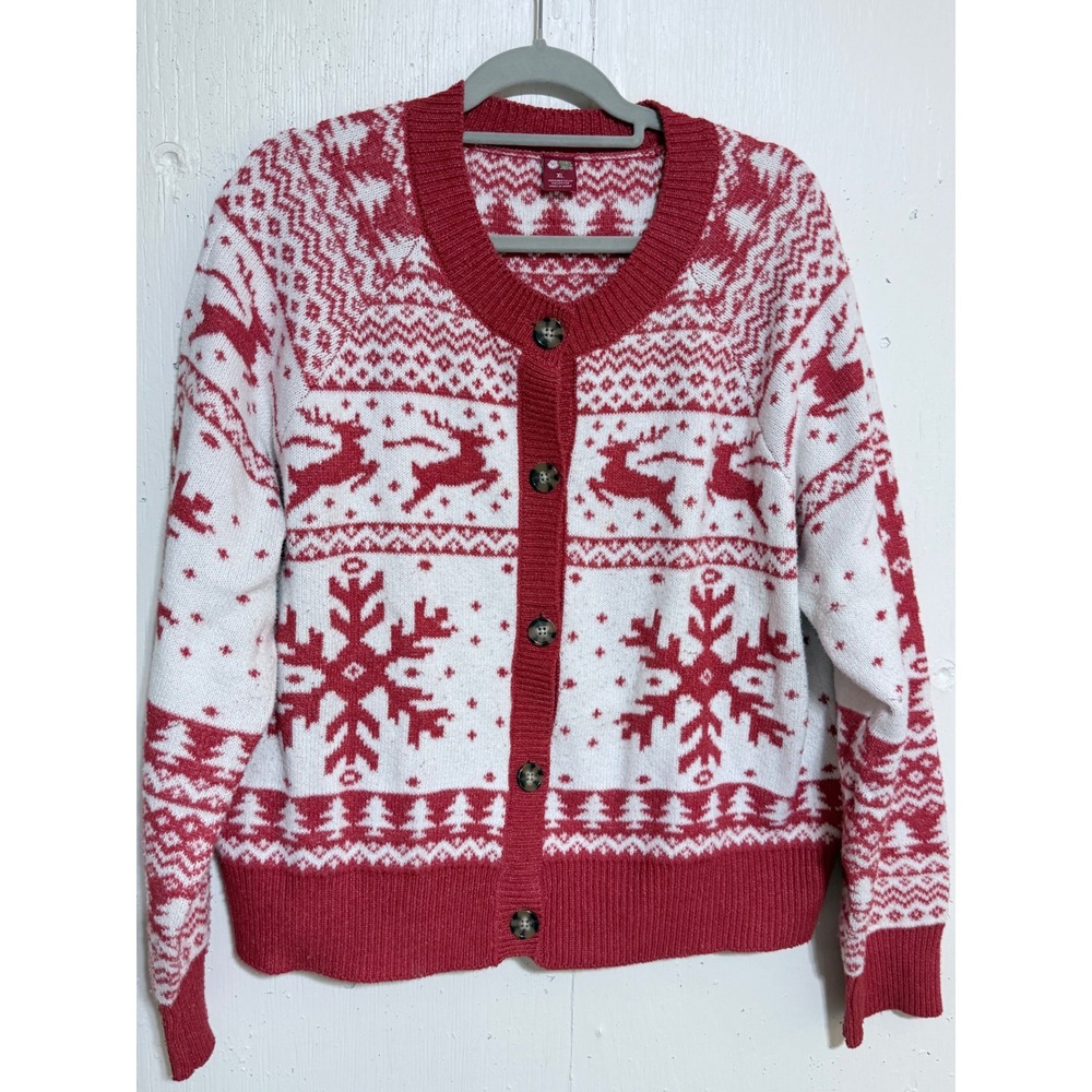 Christmas Cardigan Sweater Womens XL Red White Holiday Fair Isle Reindeer Boho